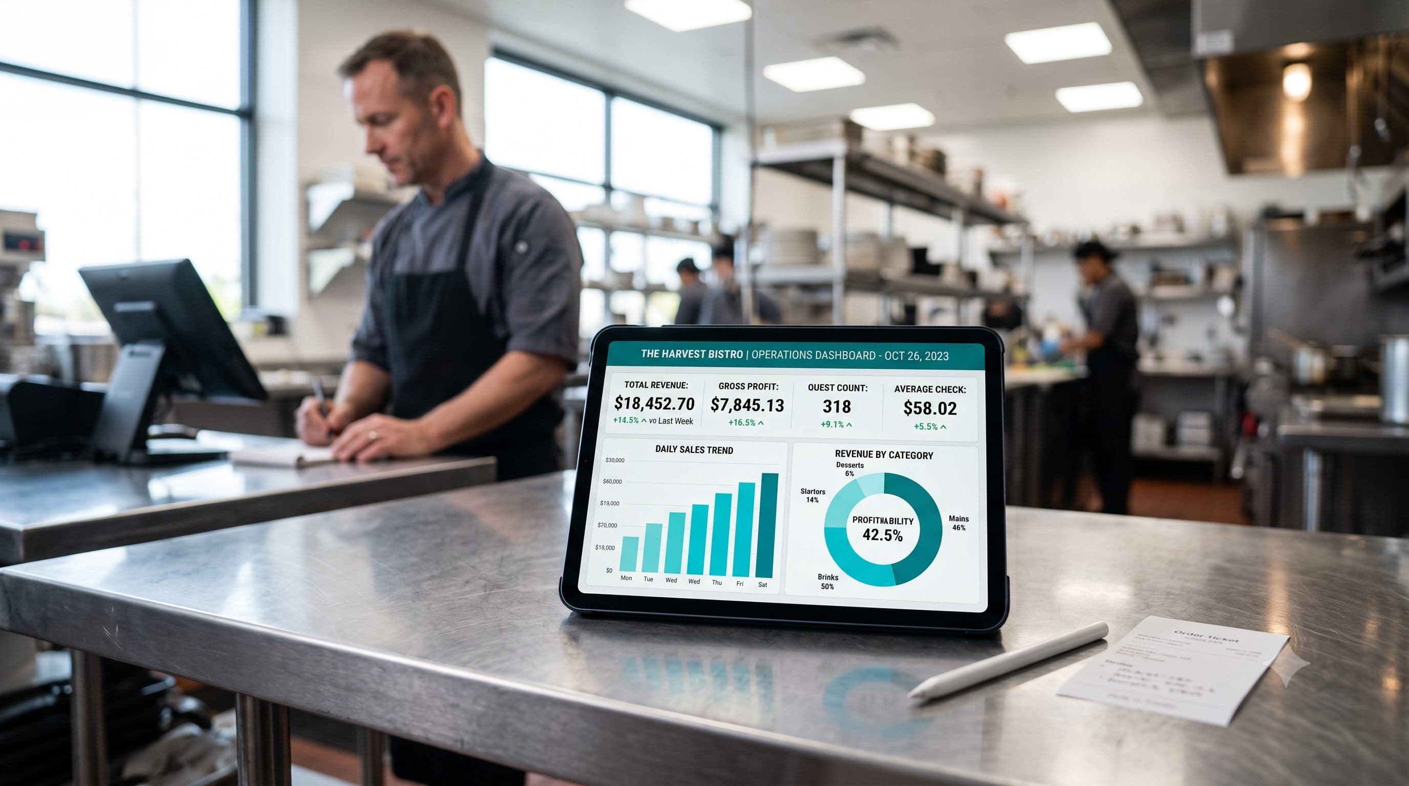 Tablet com dashboard operacional sobre bancada de cozinha profissional
