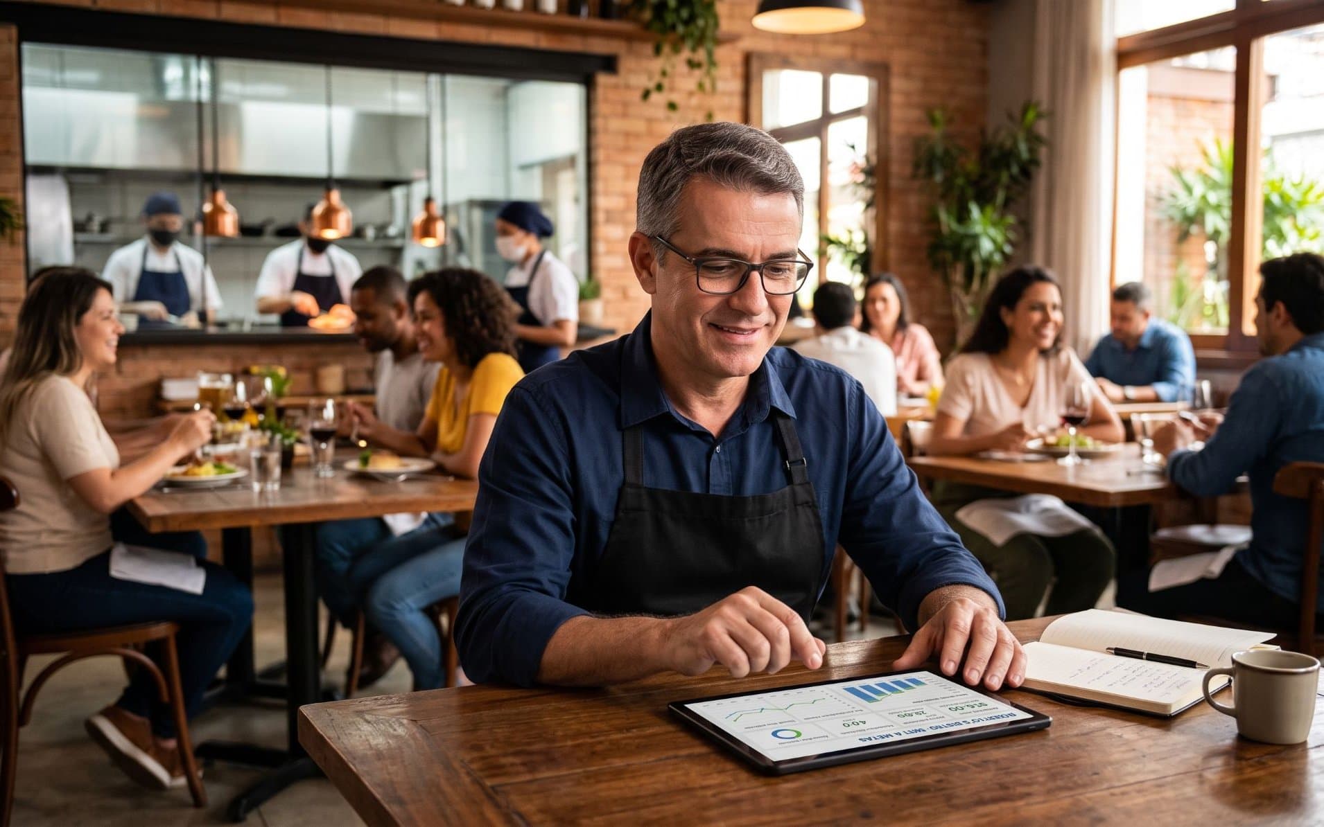Dono de restaurante acompanhando os indicadores da operação num tablet, com o salão cheio