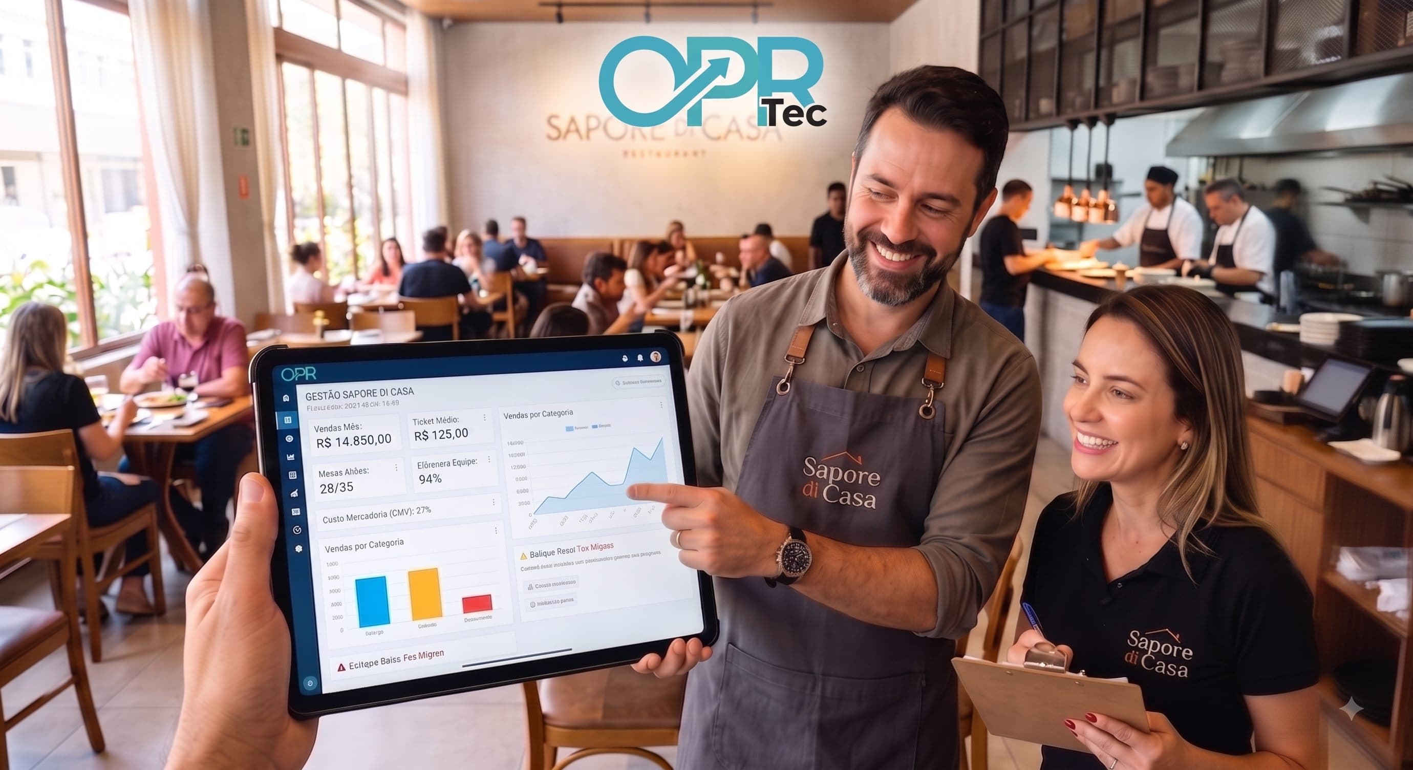 Dono de restaurante e equipe consultando o dashboard OPR num tablet